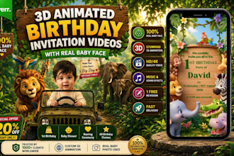 create a 3d animated birthday invitation video using your babys real face