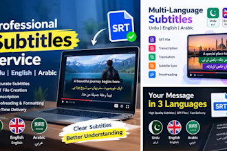 create urdu, english and arabic subtitles and srt files