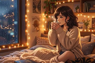 create cozy lofi anime illustration for twitch overlay and stream
