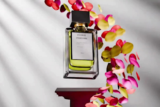 create a realistic 3d perfume bottle render, cgi perfume animation, 3d perfume