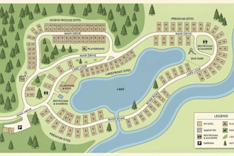 vector map rv park map site plan, location campground map, business guide map