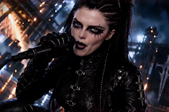 create a brutal cinematic metal music video, black metal, chaotic metal, gothic