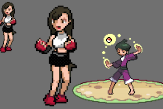 draw animated pixel art characters, pokemon trainer sprite, video game sprites
