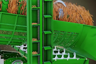 create 3d agricultural machinery, mechanical cutaway, conveyor process animation
