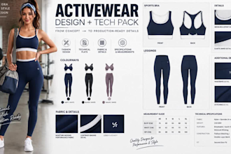 fashion designer activewear tech pack design womenswear, sportswear tech pack