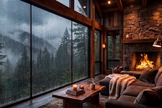 create rain video with natural sound in a cozy room