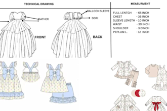 design children fashion tech pack, baby wear kids clothing with flat sketch