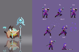 pixel art 8 bit, 16 bit character sprites and animations with video game quality