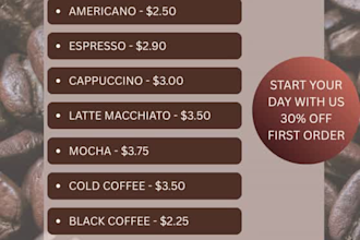 design a professional coffee shop menu poster for your cafe or restaurant