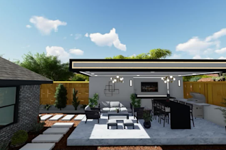 do landscape, backyard, garden, pool, deck, terrace and 3d rendering