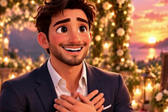 create 3d pixar style ai proposal video, romantic storytelling ai proposal video