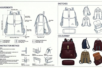 create leather goods tech pack for purse wallet and a designer belt tech pack