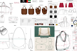 create a luxury handbag tech pack, laptop bag, tote and luggage bag, accessories