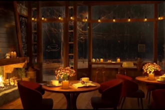 create relaxing rain video with natural sound, cozy coffee shop