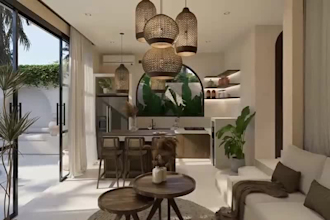 recreate3d tropical villa,courtyard house,open plan interior,cozy bedroom render