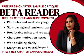 beta read thriller, mystery, tension, plot holes  fantasy novel character review