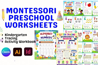 design montessori kindergarten preschool worksheet, tracing activity workbook