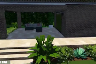 design a 3d realistic garden design, villa landscape, terrace, backyard