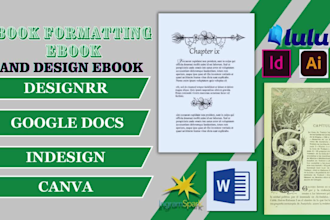 do book formatting, design ebook in designrr, indesign, canva, google docs kdp