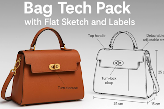 design a factory ready bag tech pack with flat sketch and measurments