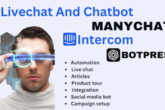 up intercom, manychat, fin ai chatbots, integrations tidio and product tours