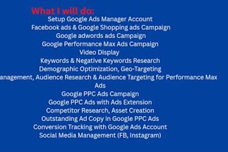 setup fb google adwords campaigns search display shopping performance max