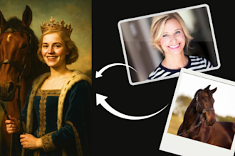create a classic custom royal painting style portrait of you and your pet