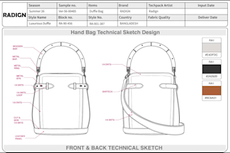 create fashion tech packs and technical sketches for clothing and bags