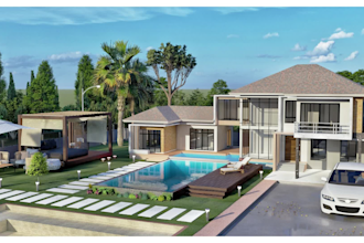 design garden, backyard, swimming pool, patio, terrace with realistic image