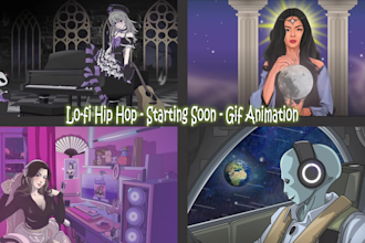 make a lofi hip hop, starting soon and gif animation
