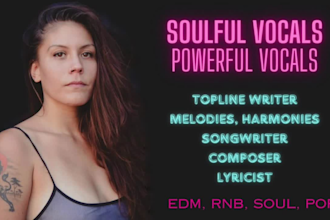 sing powerful vocals, soft soulful vocal, harmonies, hooks