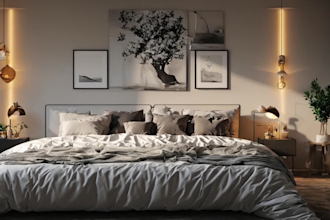 do interior design of your bedroom, living room, kitchen,bathroom with 3d render