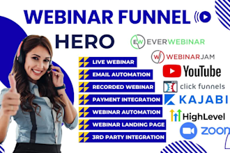 setup webinar funnel and automations using clickfunnels, everwebinar, webinarjam