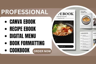 write, design, format, recipe ebook, canva ebook, digital menu, cookbook, amazon