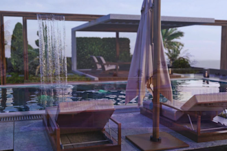 design 3d beach house, beach hotel, floating house, dock house, swimming pools
