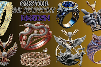 custom 3d jewelry cad design 3d ring pendant bracelet for 3d printing, rendering