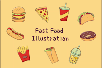 draw 5 food illustration in flat vector style