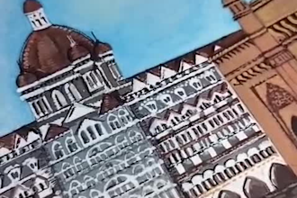 landscape, interior view, architectural drawing with watercolor, mix media