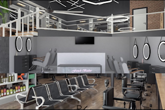 barber shop 3d rendering with quality furniture layouts