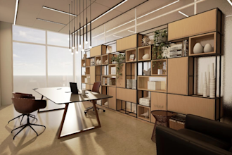 do your office modern, minimalist interior design and 3d rendering