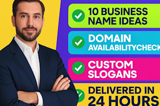 create 10 unique and catchy business names with domain check