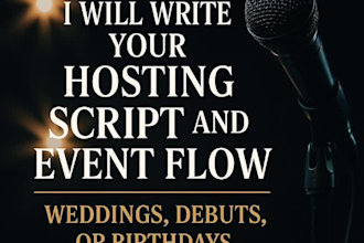 write hosting scripts, event flow for wedding, debut, anniversary, and birthday