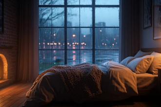 create rain video with natural sound in a cozy room