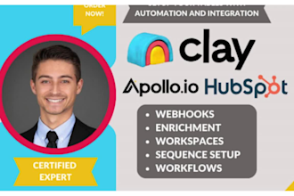 set up workflows using clay, hubspot, clay com, apollo io, sms bump and yotpo