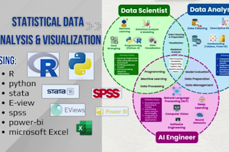 do statistical data analysis, data visualization in r studio, python, stata,spss