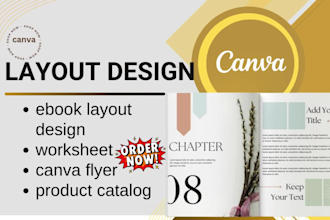 format, design ebook layout design, worksheet, canva flyer, product catalog