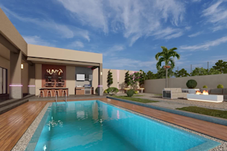 design garden landscape, backyard, patio, fireplace and 3d rendering