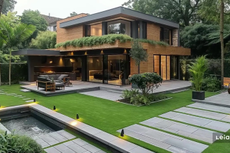 design landscape, backyard, patio, pergola, garden with 3d rendering