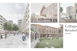 render 3d architectural visualization with collage style