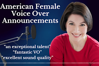 record articulate, american female voice over announcements